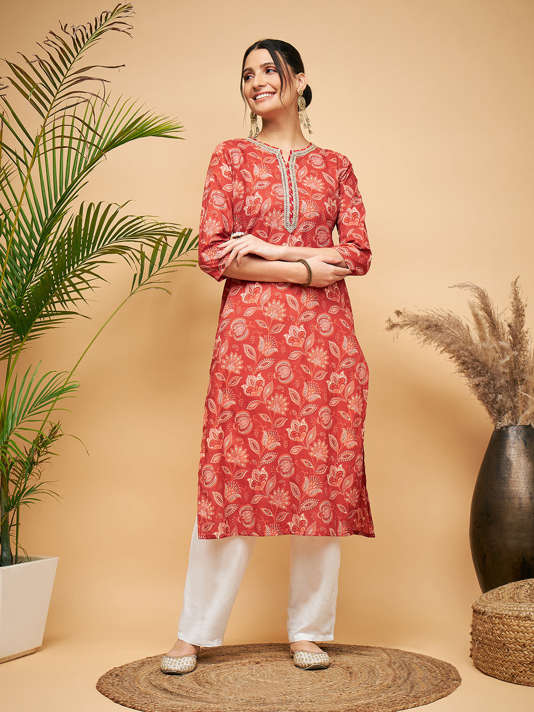 InWeave Women's Rust Paisley Print Gota Straight Kurta - Swadesiicart