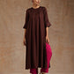 trueBrowns Cola Brown Modal Satin Neck Pleat Kurta Set | Swadesiicart