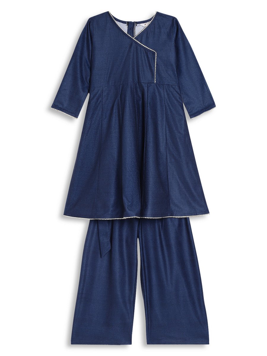 Ahalyaa Girls Navy Blue Velvet Angrakha Gotta Patti Kids Kurta with Palazzos | Swadesiicart
