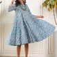 InWeave Aqua Blue Floral Grey Jaal Collar Flared Dress - Swadesiicart