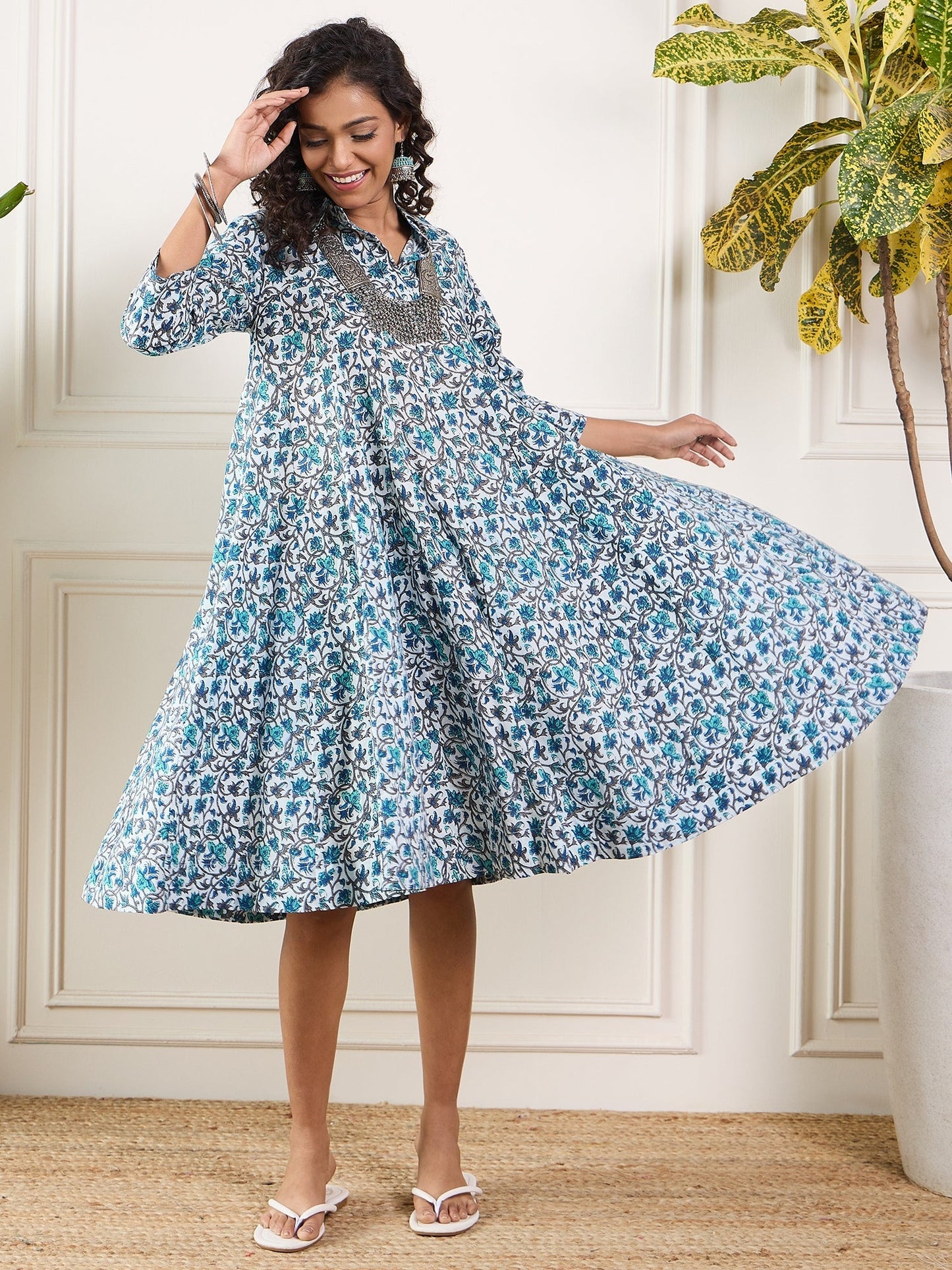 InWeave Aqua Blue Floral Grey Jaal Collar Flared Dress - Swadesiicart
