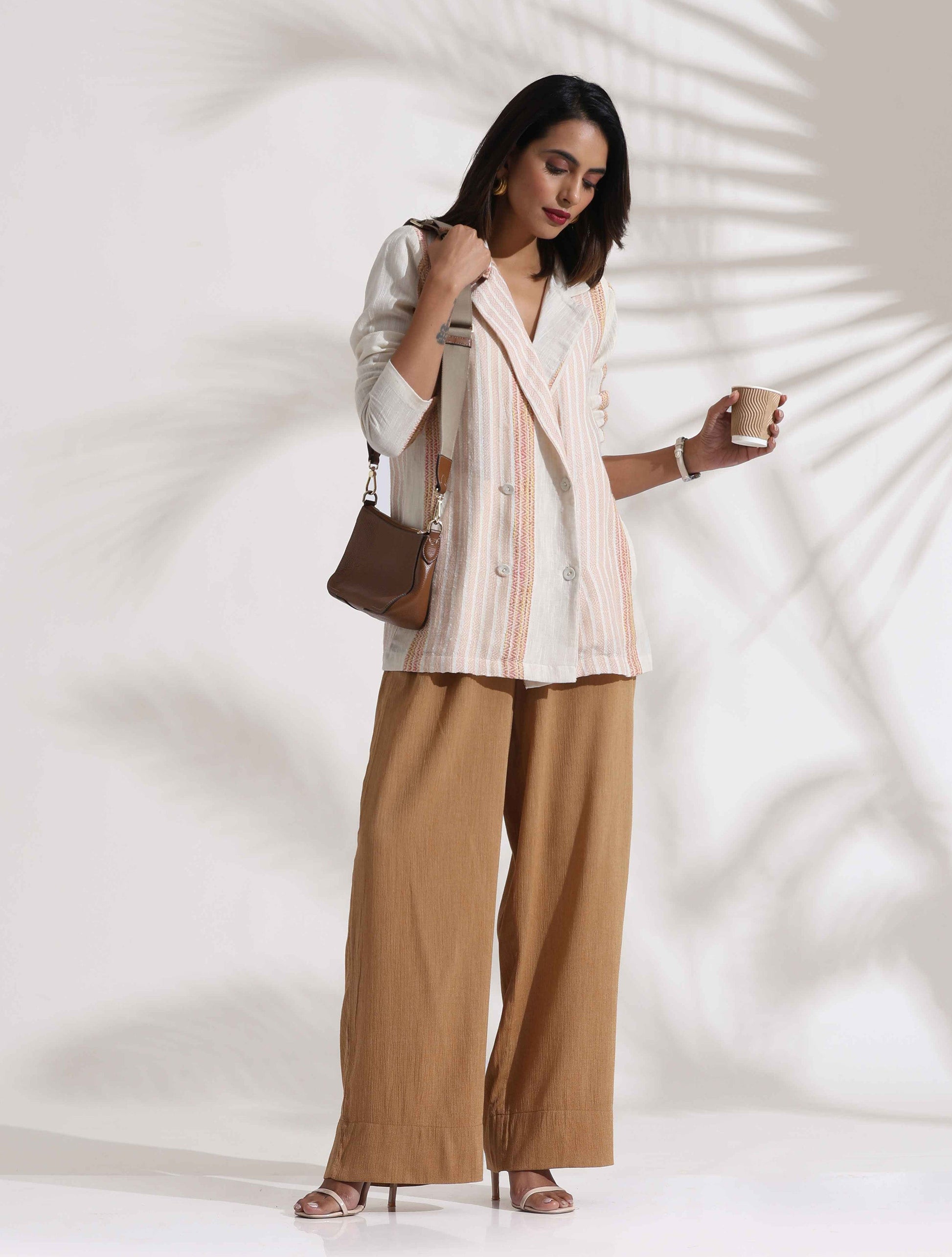 trueBrowns Beige Cotton Stripe Jacket Top Co-ord Set - Swadesiicart
