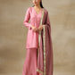 trueBrowns Light Mauve Bandhani Printed Silk Flared Kurta Pant Dupatta Set | Swadesiicart