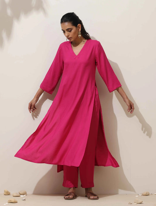 trueBrowns Pink Viscose Kurta Pant Set | Swadesiicart