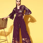 Ahalyaa Burgundy & Gold-Toned Bell Sleeves Printed Ethnic Jumpsuit With Waist Tie-Ups | Swadesiicart