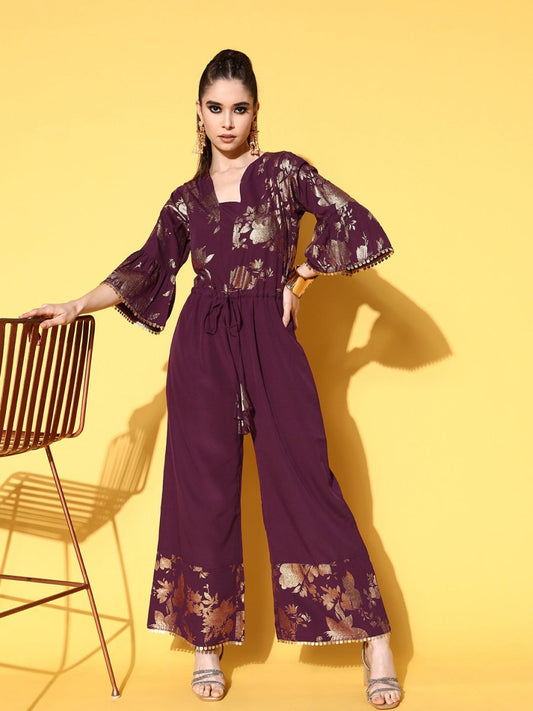 Ahalyaa Burgundy & Gold-Toned Bell Sleeves Printed Ethnic Jumpsuit With Waist Tie-Ups | Swadesiicart