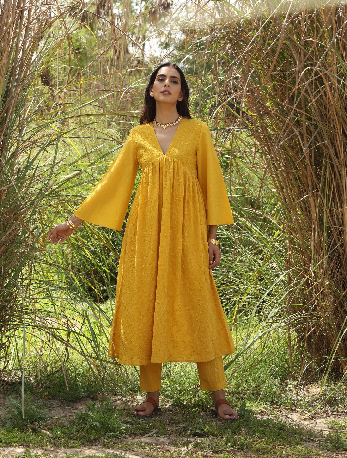 trueBrowns Mustard Cotton Embroidered Flared Kurta Set | Swadesiicart