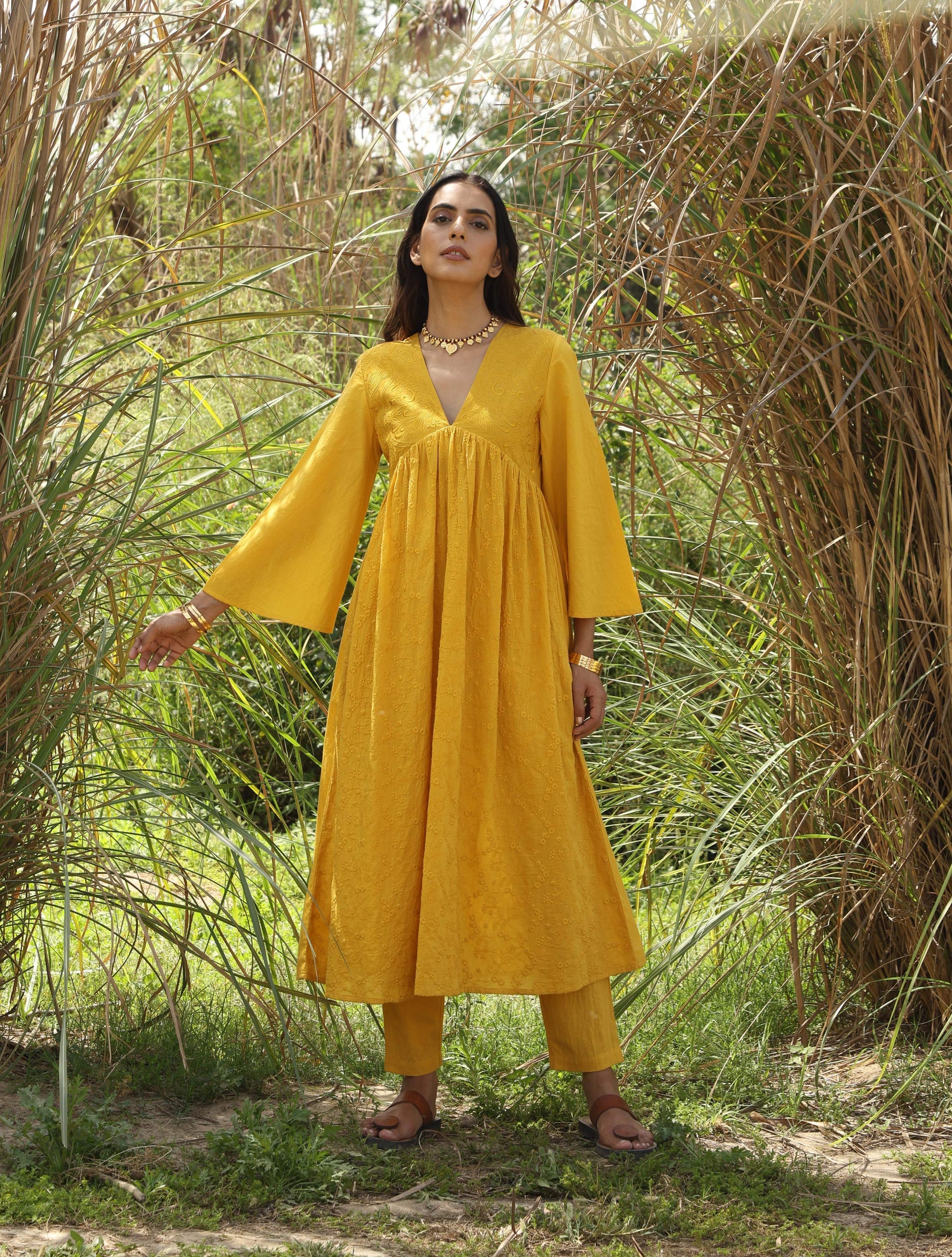 trueBrowns Mustard Cotton Embroidered Flared Kurta Set | Swadesiicart