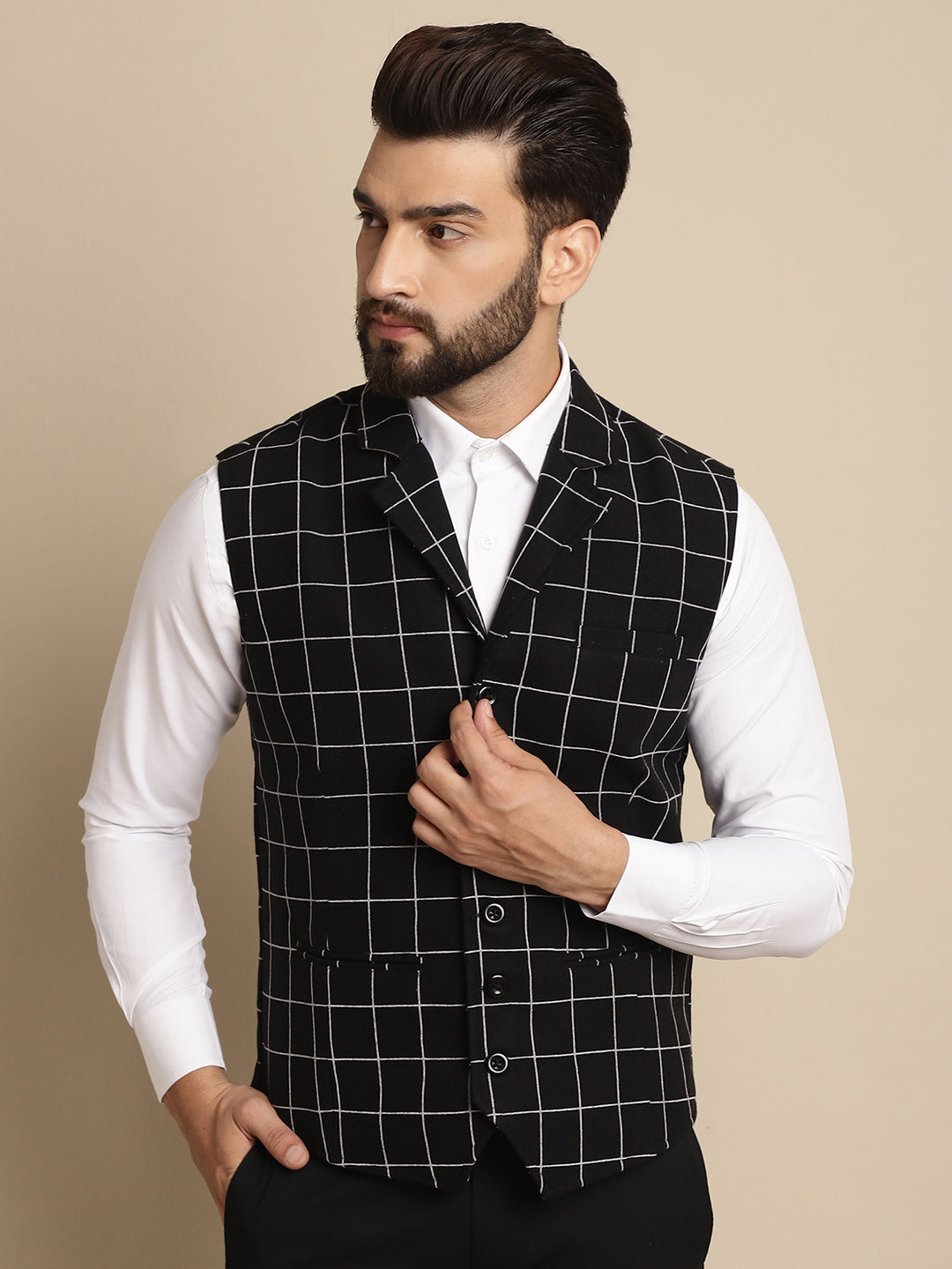 Even Apparels Men's Black Wool Waistcoat with Notched Lapel | Swadesiicart