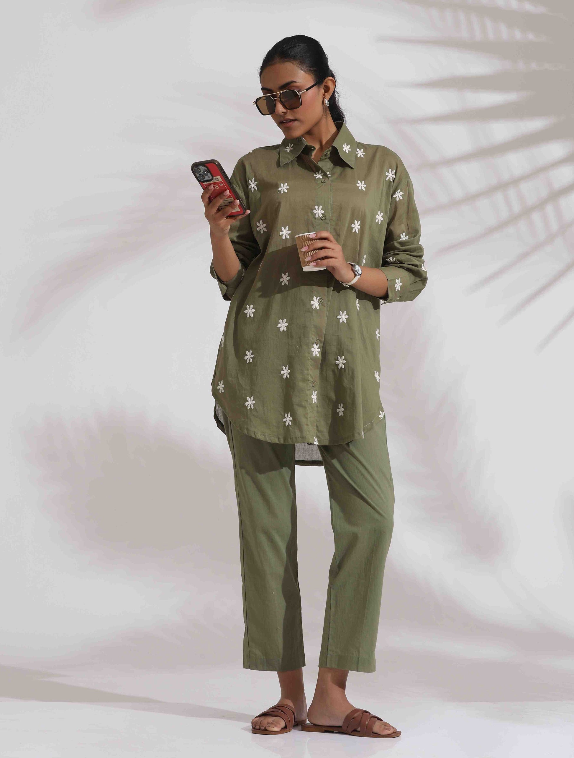 trueBrowns Olive Green Cotton Floral Embroidered Co-ord Set - Swadesiicart