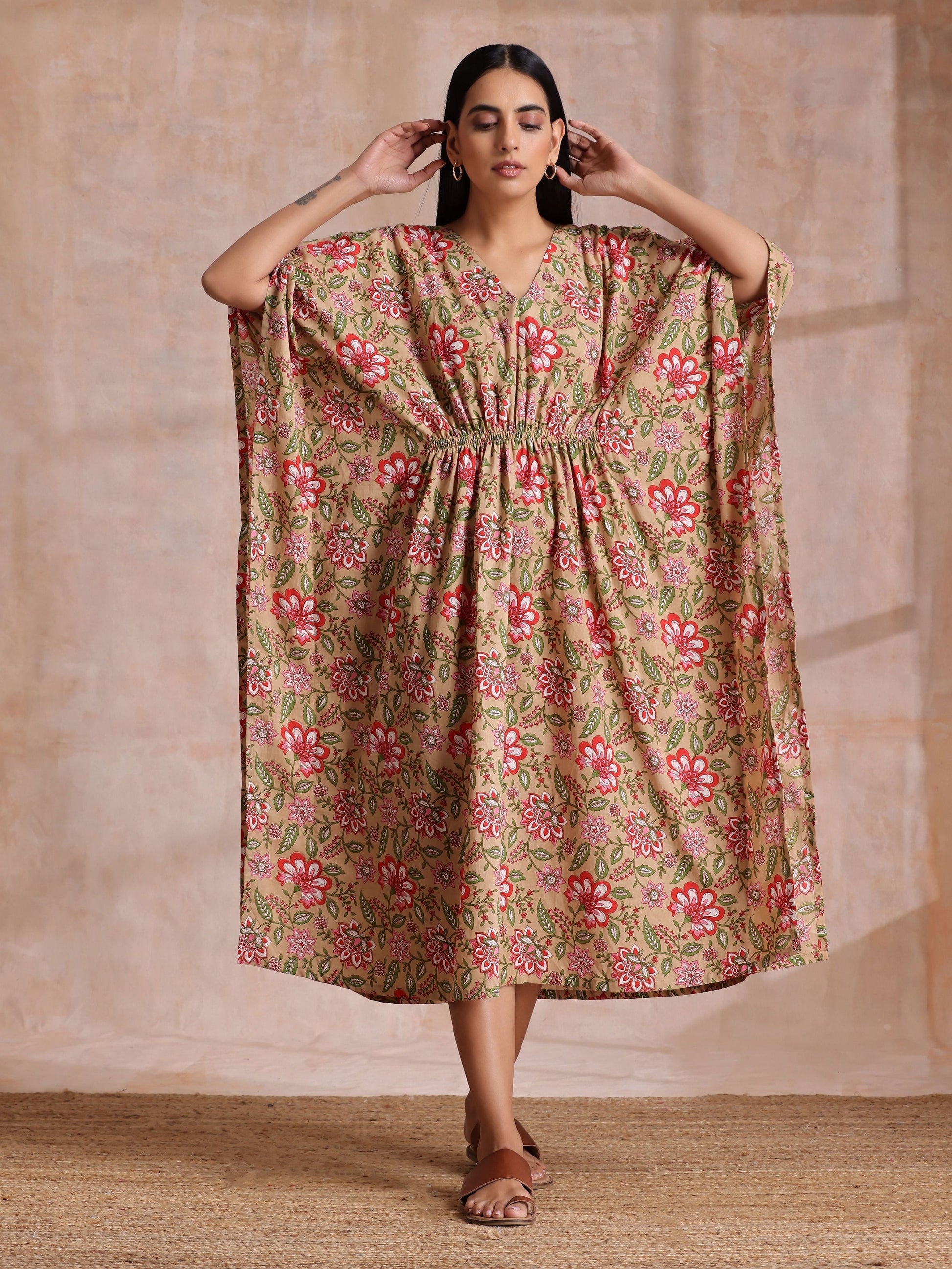 trueBrowns Beige Overall Big Floral Block Print Cotton Kaftan Dress | Swadesiicart