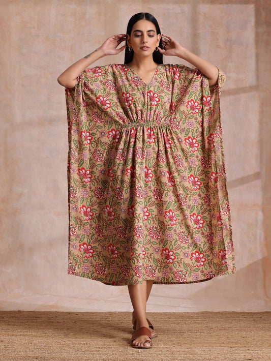 trueBrowns Beige Overall Big Floral Block Print Cotton Kaftan Dress | Swadesiicart
