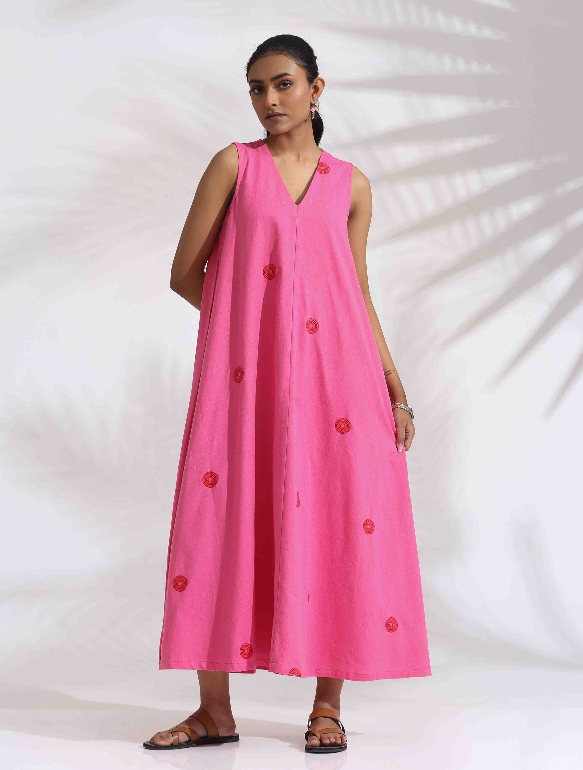trueBrowns Pink Cotton Embroidered Flared Dress | Swadesiicart