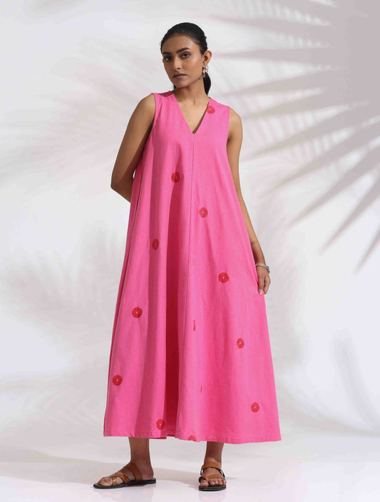trueBrowns Pink Cotton Embroidered Flared Dress | Swadesiicart