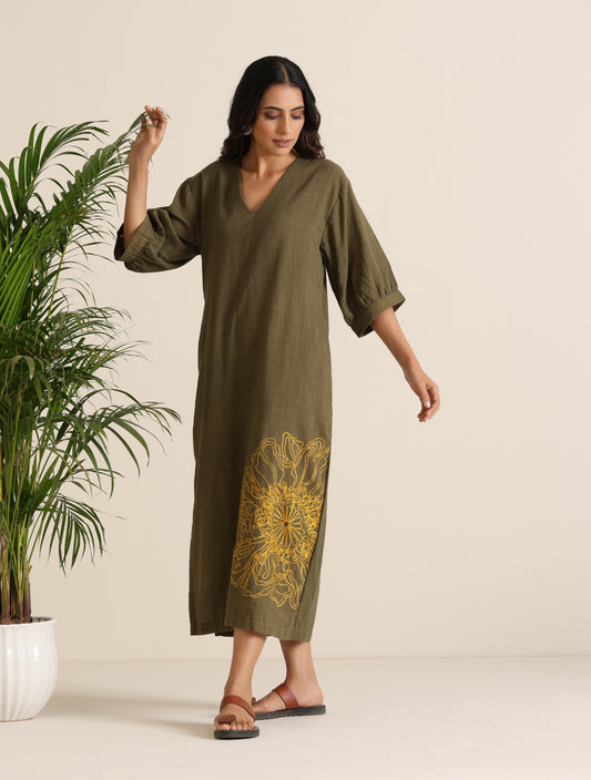 trueBrowns Olive Cotton Embroidered Dress | Swadesiicart
