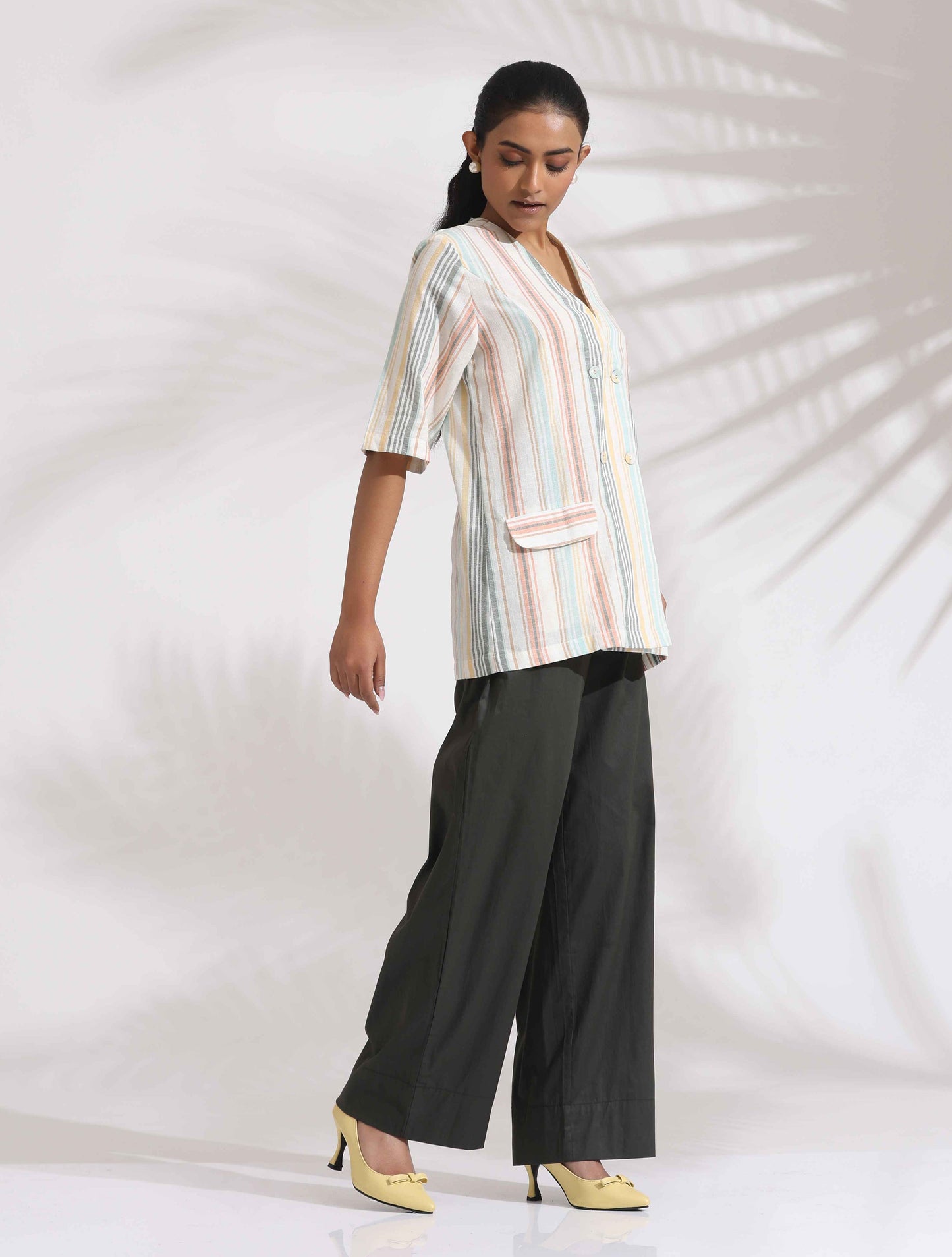 trueBrowns Off-White Cotton Stripe Jacket Top Co-ord Set - Swadesiicart
