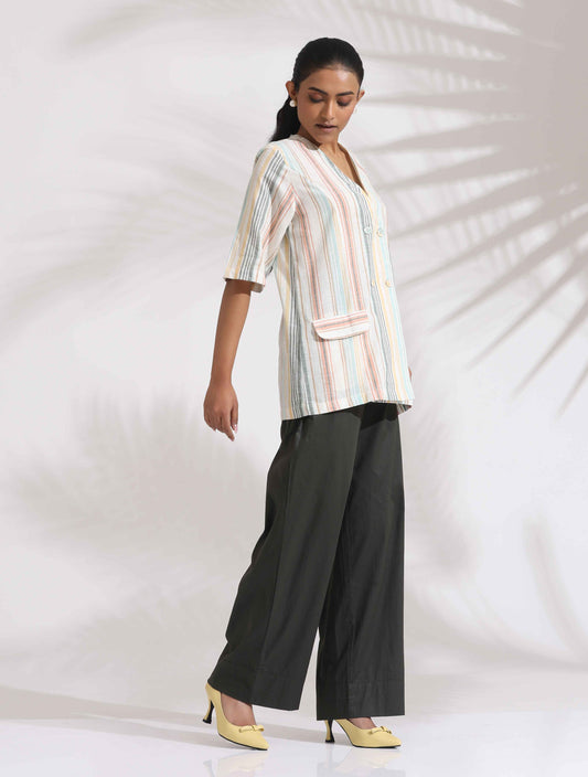 trueBrowns Off-White Cotton Stripe Jacket Top Co-ord Set - Swadesiicart