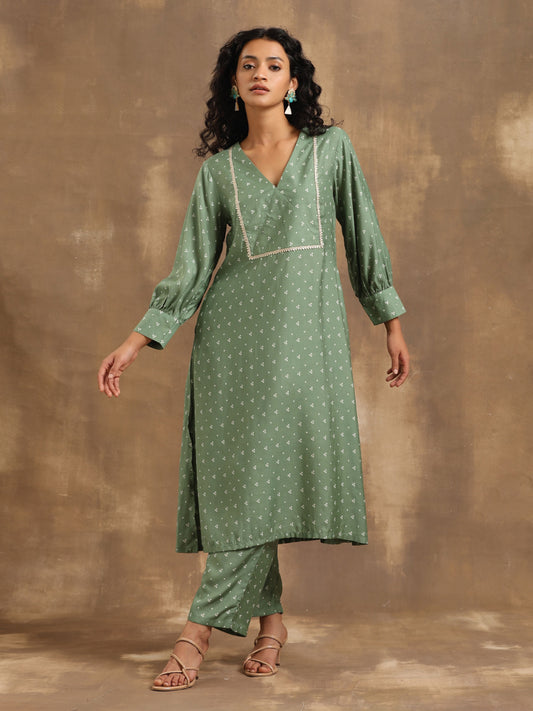 trueBrowns Light Green Bandhani Printed Silk Kurta Pant Set | Swadesiicart