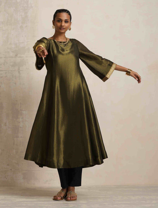 trueBrowns Olive Green Tissue Flared Anarkali Kurta Set | Swadesiicart