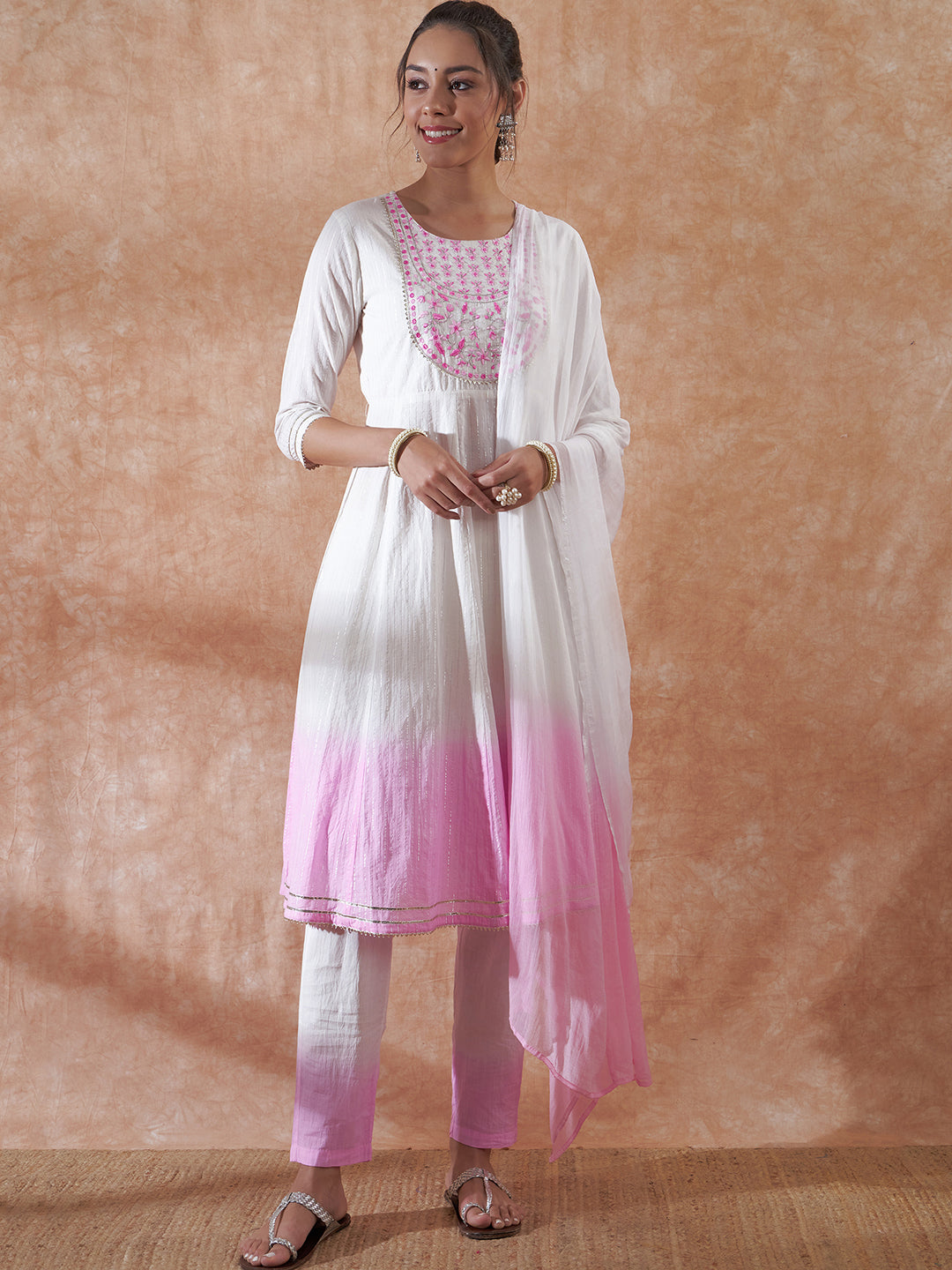 InWeave Women's White Lurex Pink Dye Patch Gota Anarkali Kurta Set W Dupatta - Swadesiicart
