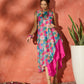 InWeave Blue Floral Fuchsia Asymmetrical Dress - Swadesiicart