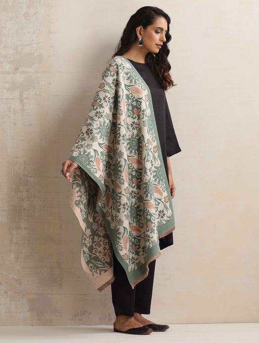 trueBrowns Green Floral Reversible Woollen Stole | Swadesiicart