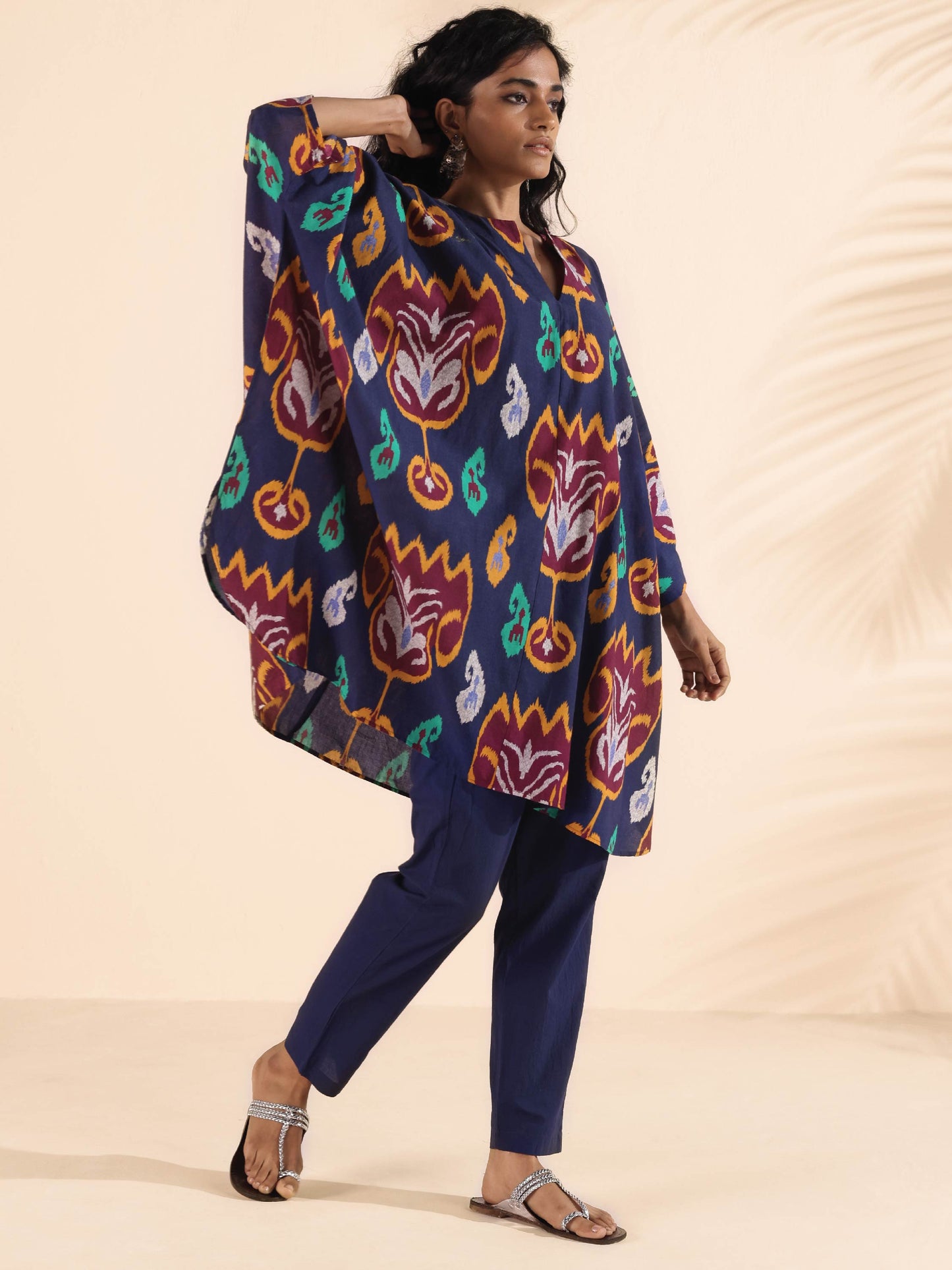 trueBrowns Purple Cotton Ikat Kaftan Co-ord Set - Swadesiicart