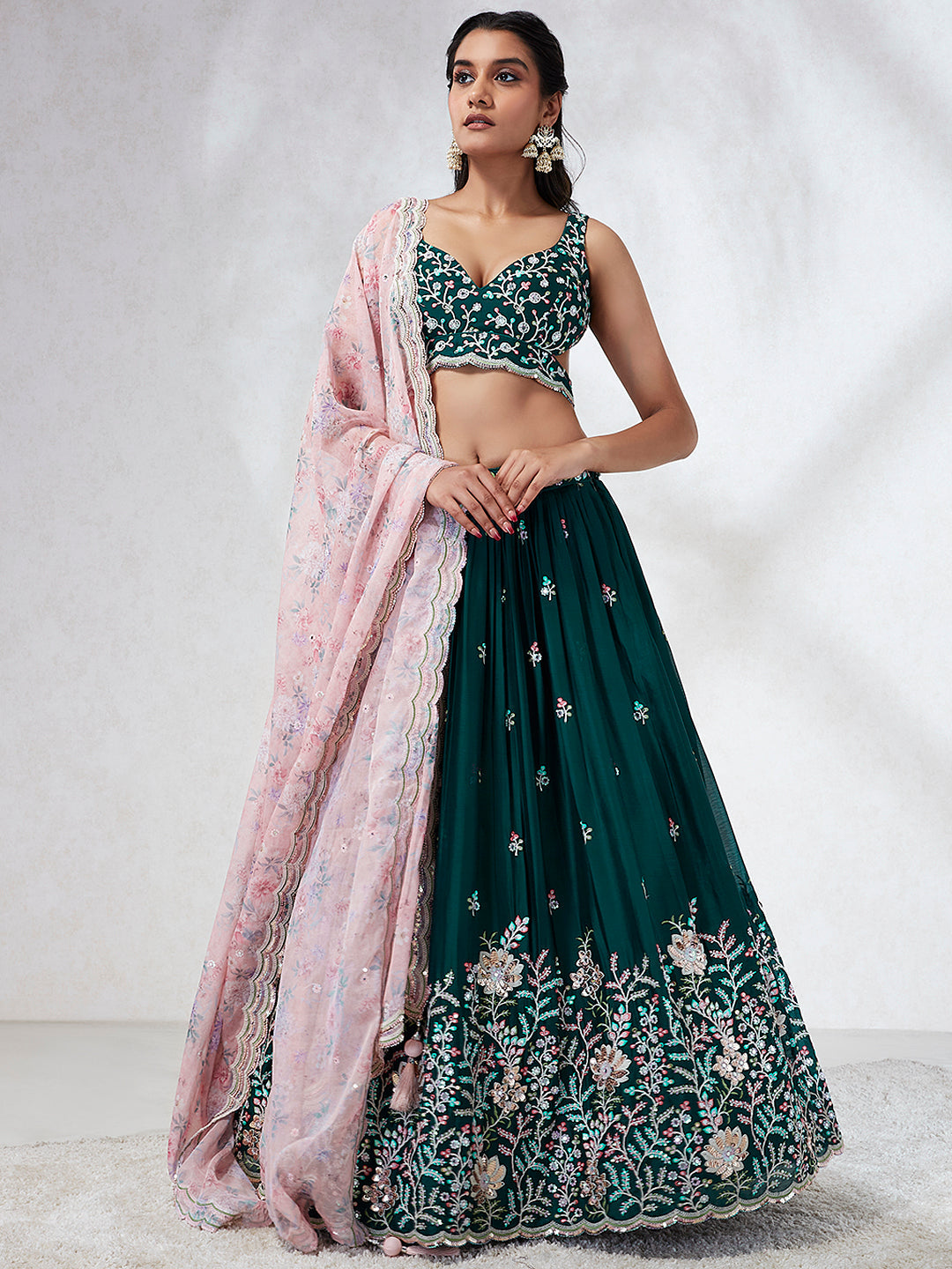 House of Panchhi Teal - Georgette Sequins, Mirror And Thread Embroidery Lehenga Choli | Swadesiicart