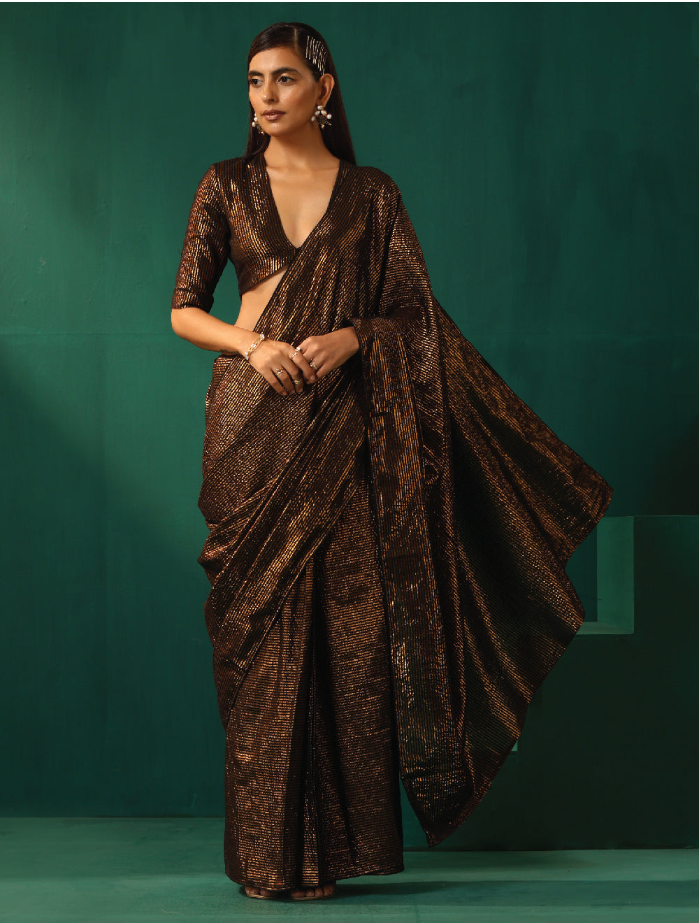 trueBrowns Black Cotton Gold Lurex Striped Ready to Wear Saree | Swadesiicart
