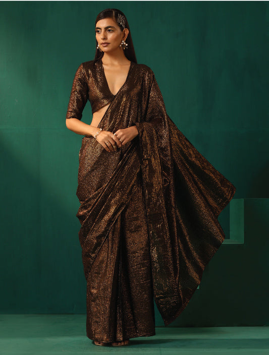 trueBrowns Black Cotton Gold Lurex Striped Ready to Wear Saree | Swadesiicart
