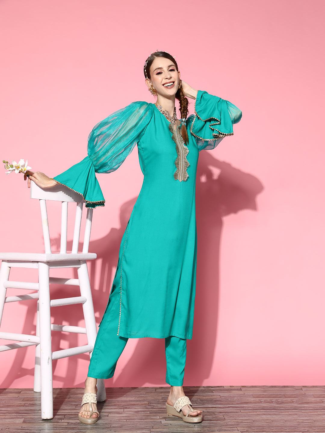 InWeave Women's Aqua Organza Sleeve Gota Work Kurta Set - Swadesiicart