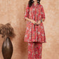 InWeave Women's Red Yellow Floral Print Flared Kurta Pant Set - Swadesiicart