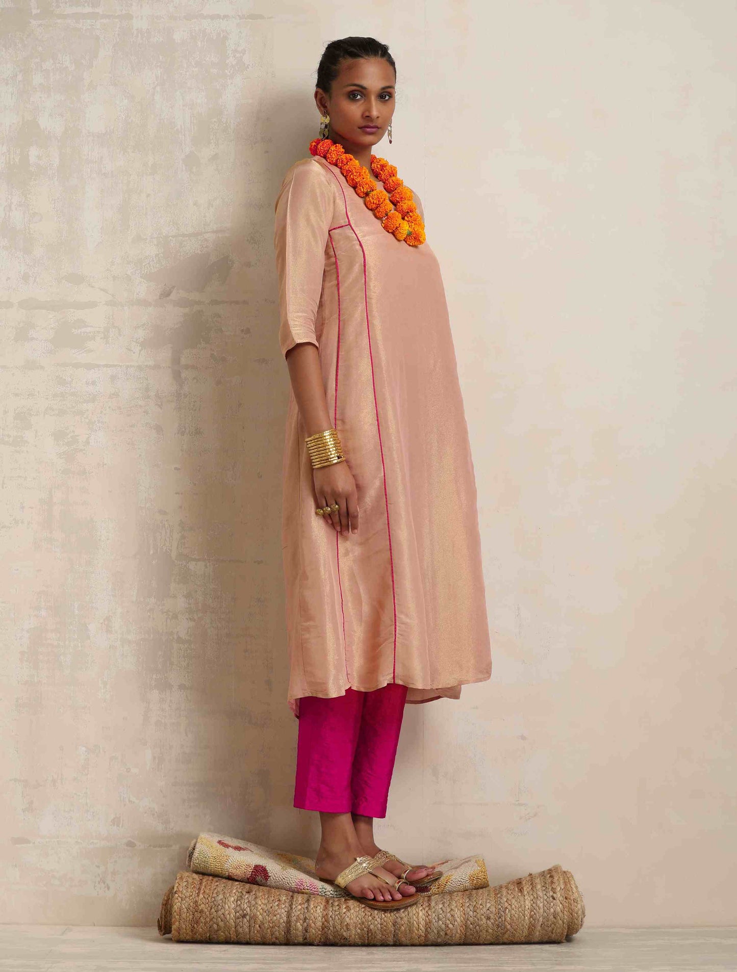 trueBrowns Blush Pink Tissue A-line Kurta Set | Swadesiicart