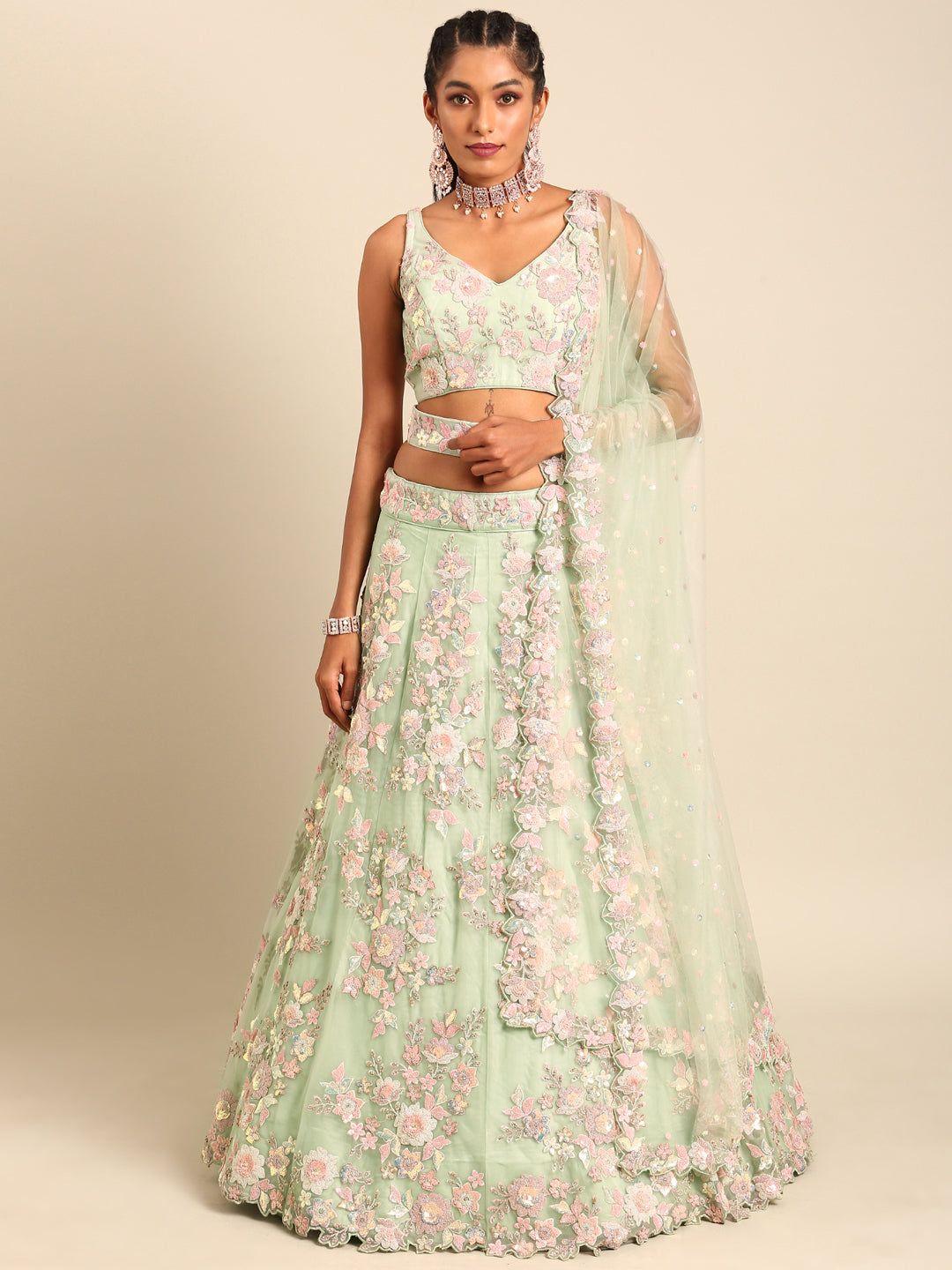 House of Panchhi Lime Green Net Sequins with heavy Zarkan embroidery Lehenga choli & Dupatta | Swadesiicart