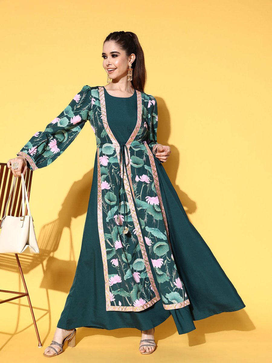 Ahalyaa Green Crepe Puff Sleeves Floral Printed Maxi Ethnic Dress with Waist Tie-Ups | Swadesiicart