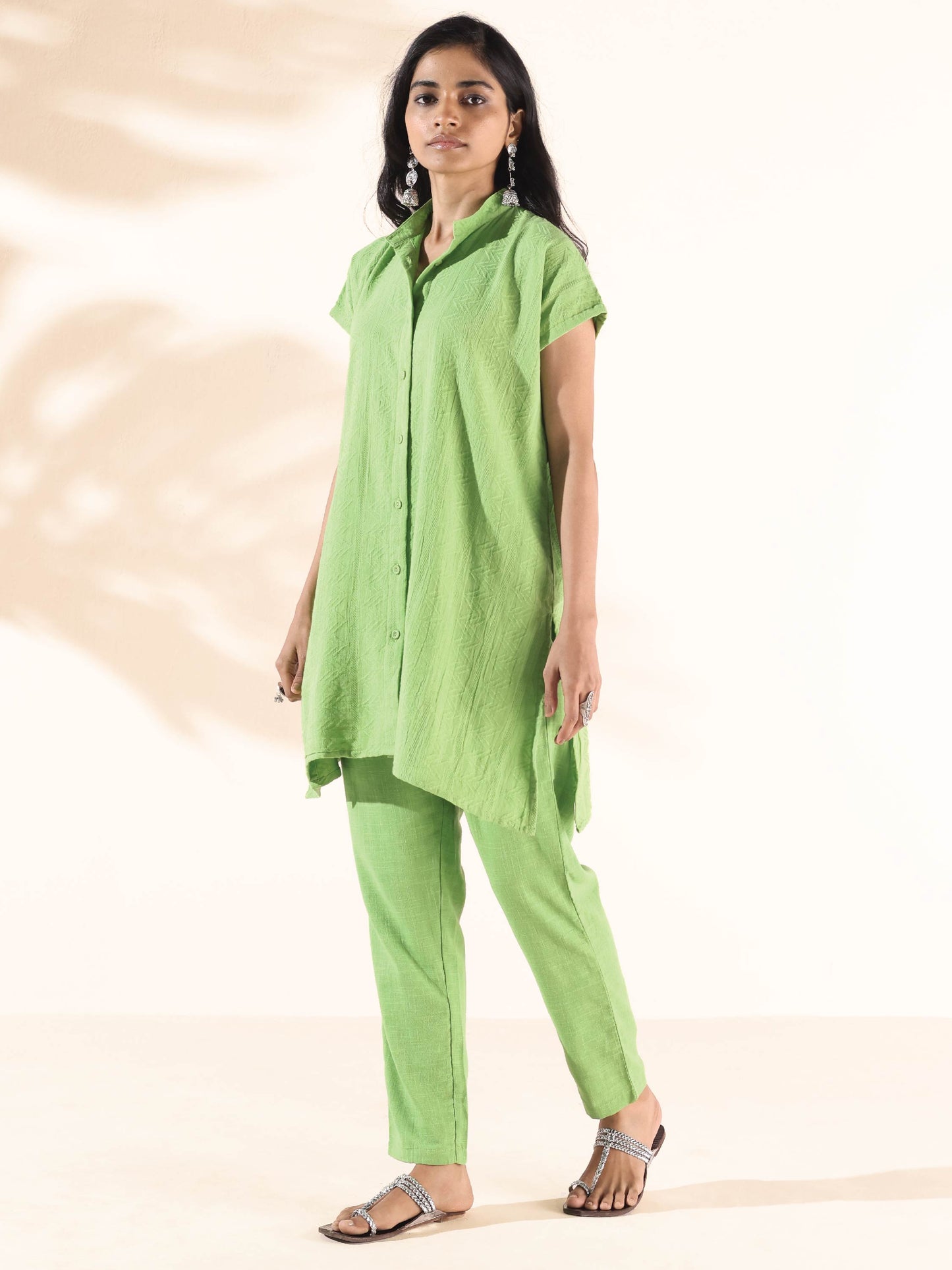 trueBrowns Green Cotton Dobby Shirt Co-ord Set - Swadesiicart