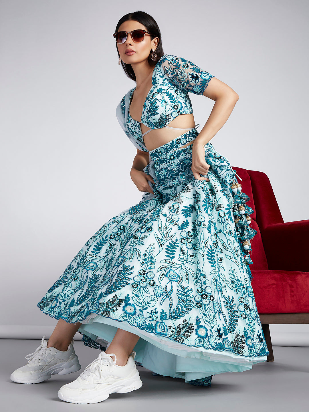 House of Panchhi Turquoise Blue Net Sequins, Mirror And Thread Embroidery Lehenga Choli & Dupatta | Swadesiicart