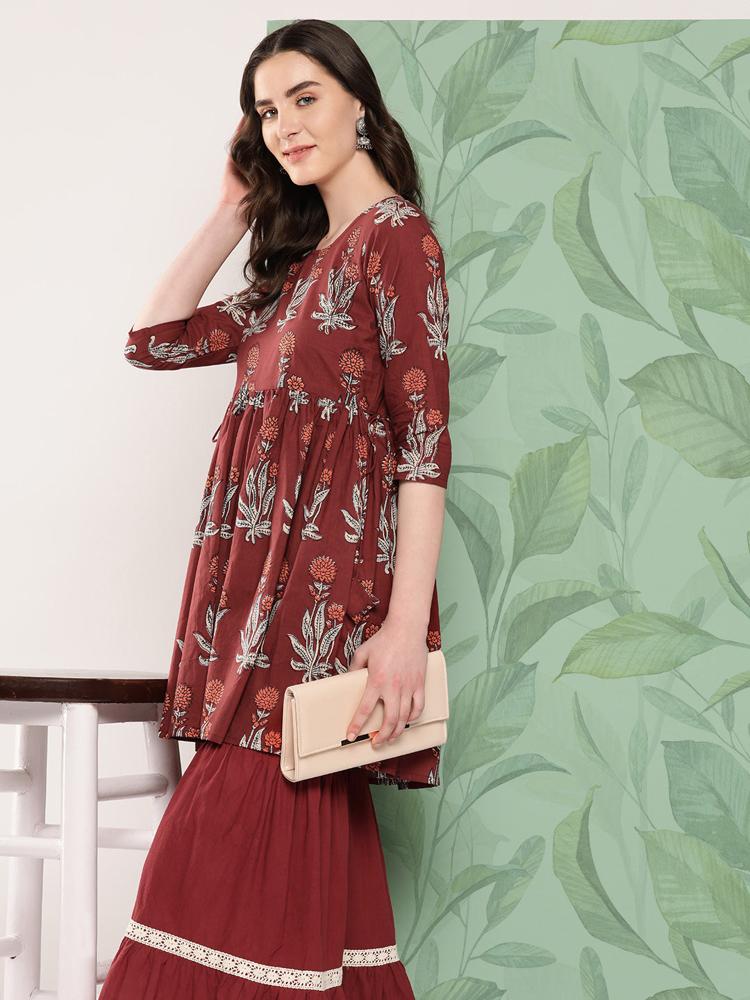InWeave Women's Brick Rust Boota Sharara Set - Swadesiicart