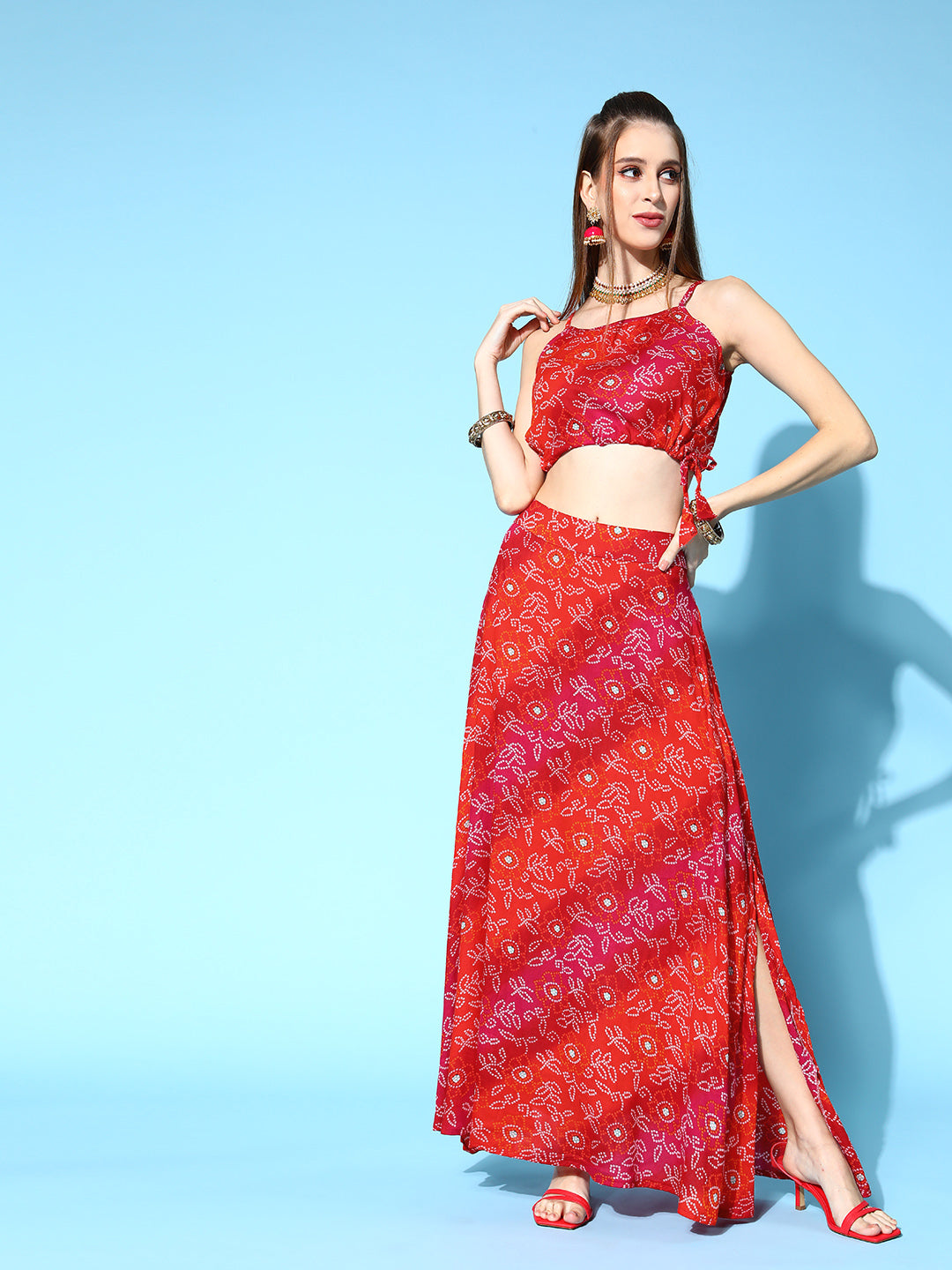 InWeave Women's Red Bandhej Crop Top With Skirt Set - Swadesiicart