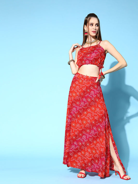 InWeave Women's Red Bandhej Crop Top With Skirt Set - Swadesiicart