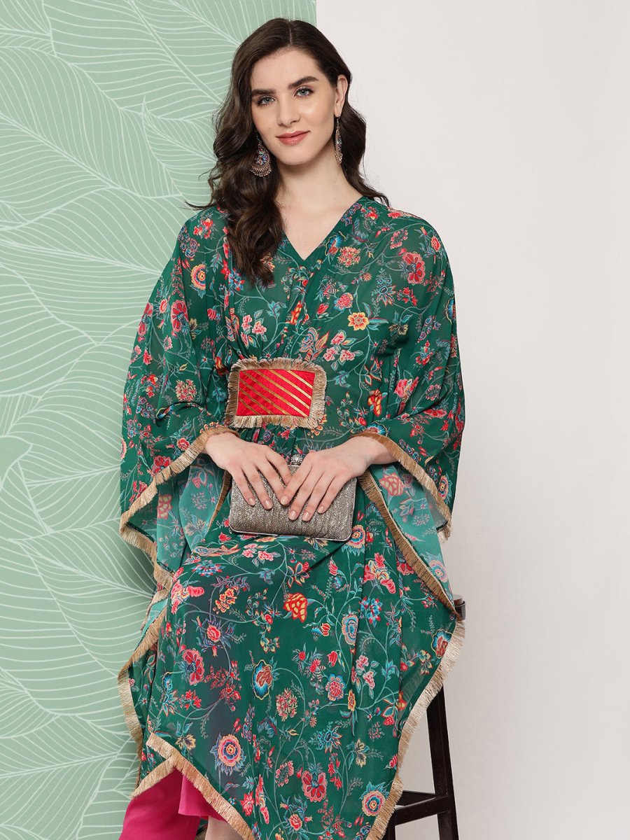 Ahalyaa Women Floral Printed Flared Sleeves Patchwork Georgette Kaftan Kurta | Swadesiicart