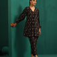 trueBrowns Black Tonal Ikat Muslin Silk Printed V-Neck Front Pleat Co-ord Set - Swadesiicart