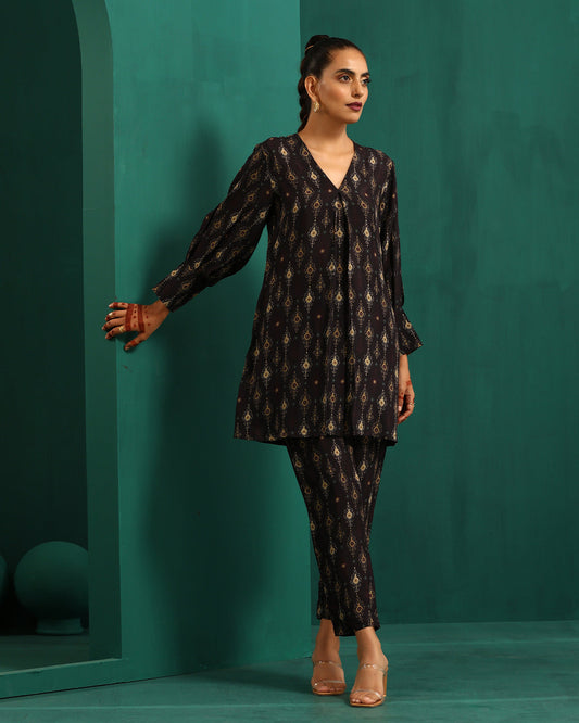 trueBrowns Black Tonal Ikat Muslin Silk Printed V-Neck Front Pleat Co-ord Set - Swadesiicart