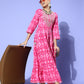 InWeave Women's Abstract Pink Print Long Dress With Work - Swadesiicart