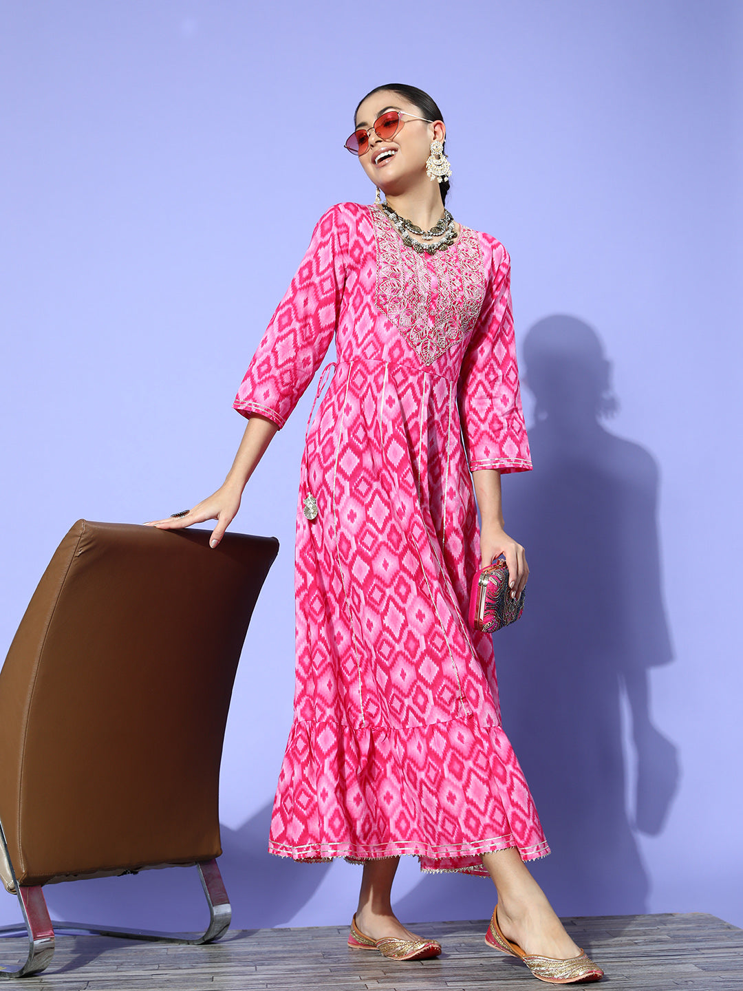 InWeave Women's Abstract Pink Print Long Dress With Work - Swadesiicart