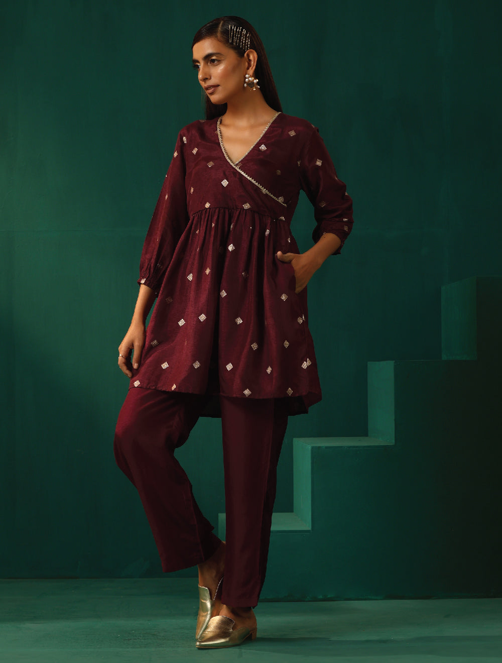 trueBrowns Wine Diamond Viscose Silk Waist Gathered Co-ord Set - Swadesiicart