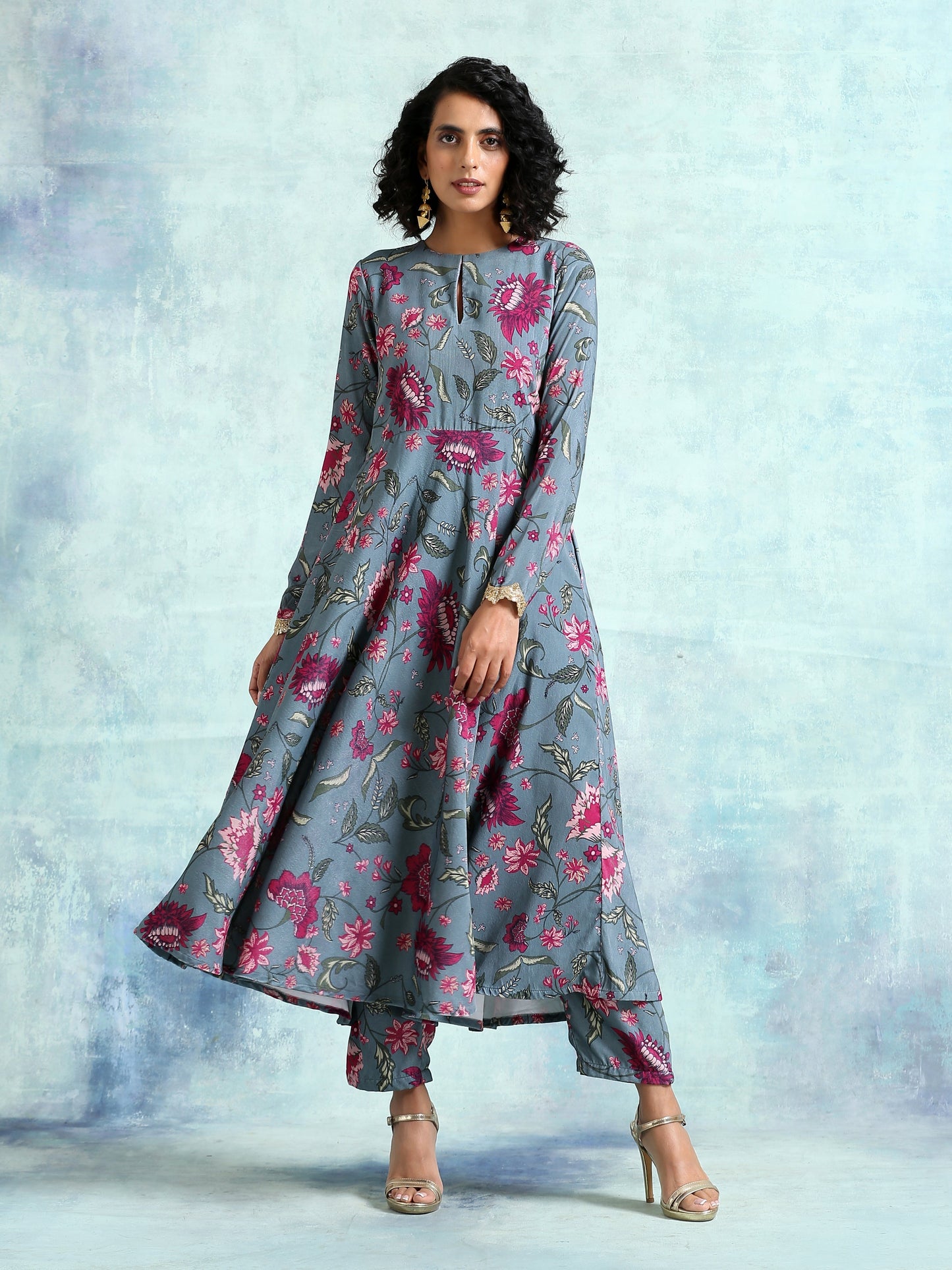 trueBrowns Grey Printed Velvet Anarkali Kurta | Swadesiicart