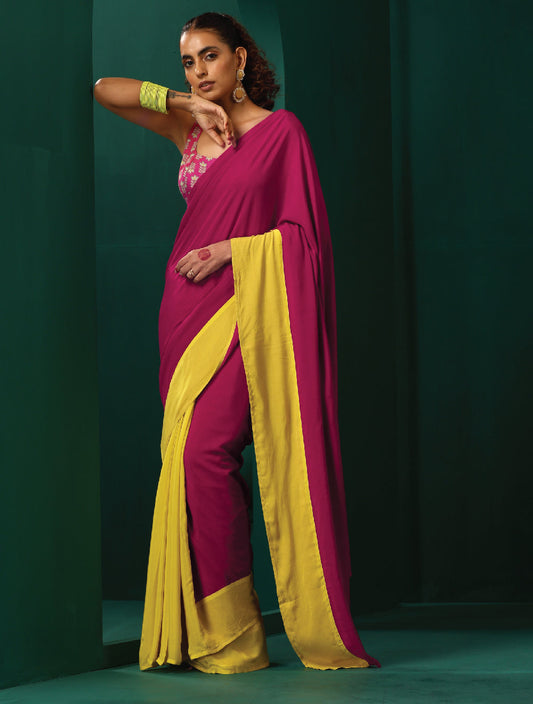 trueBrowns Lime Yellow Pink Muslin Silk Ready to Wear Saree | Swadesiicart