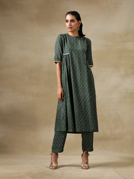 trueBrowns Dark Green Bandhani Printed Silk Side Gathered Kurta Pant Set | Swadesiicart