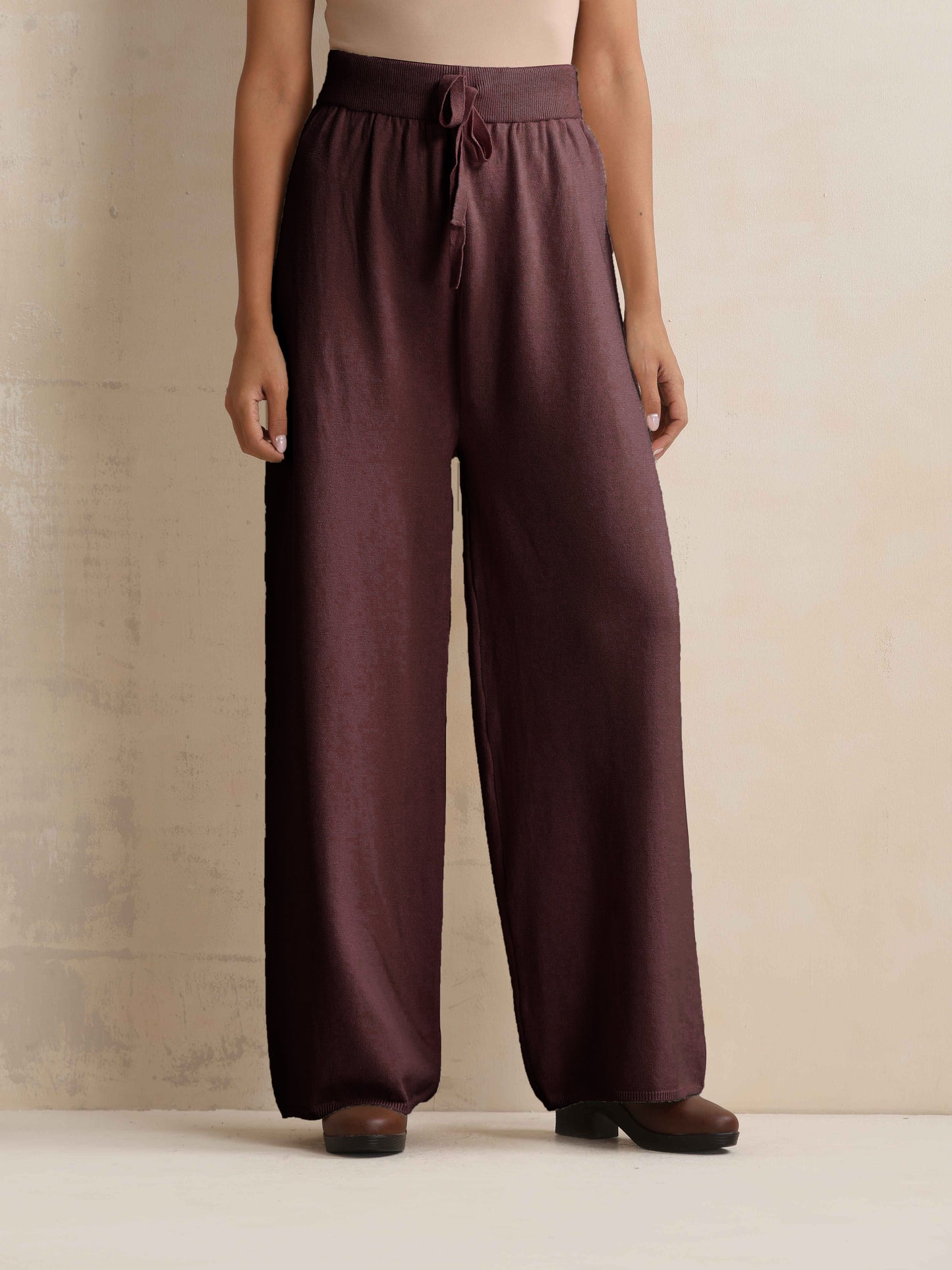 trueBrowns Brown Woollen Flared Pants | Swadesiicart